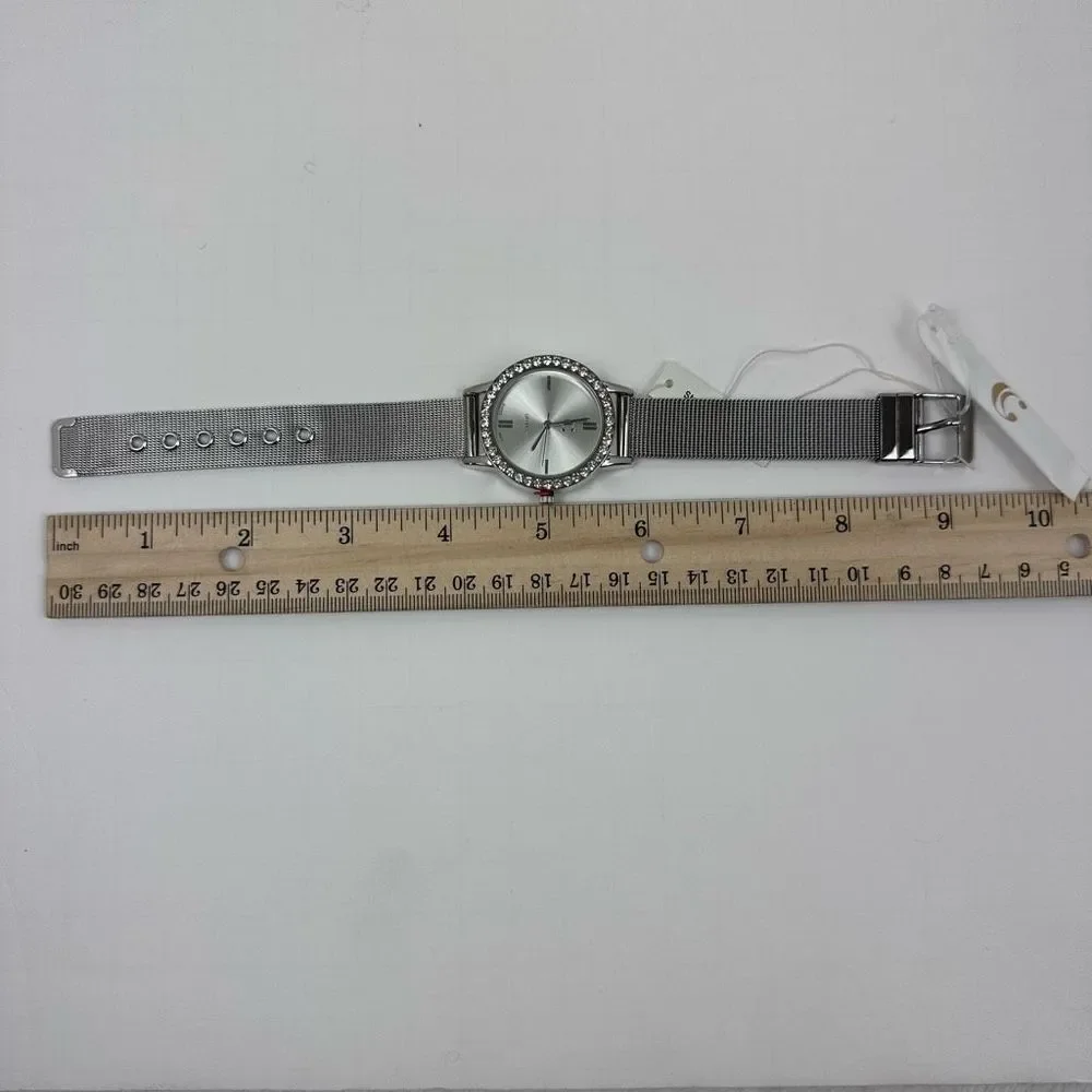 Charming Charlie Womens Wrist Watch Round Crystal Analog‎ Mesh Band Silver Tone